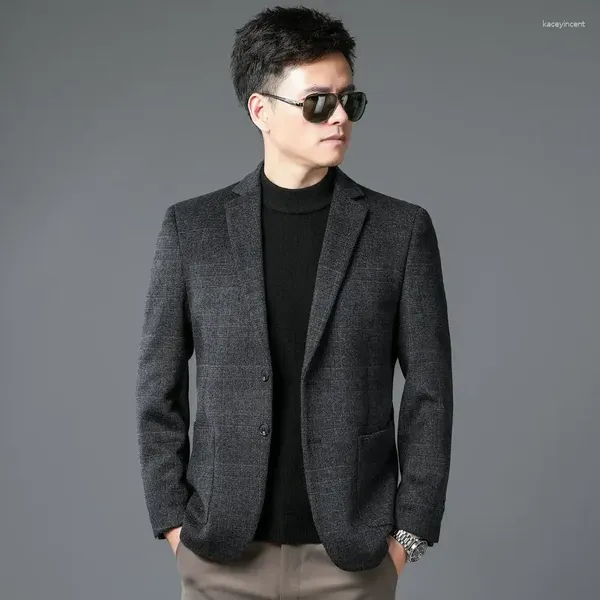 Ternos masculinos 2024 Men Blazers de lã xadrez preto cinza elegante elegante padrão clássico padrão de lã de lã de lã de lã de traje atemporal básico masculino macho