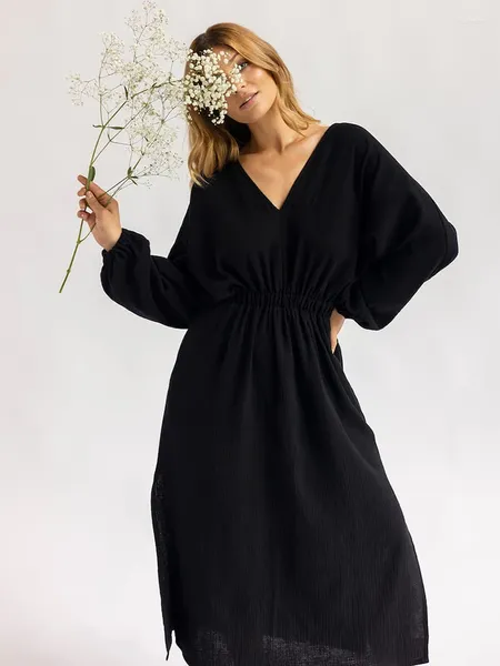 Mulher de roupas de sono feminina Hiloc preto camisola de algodão lanterna de manga cheia vestido noturno mulher mulher vina videira mid-calff peignoir 2024