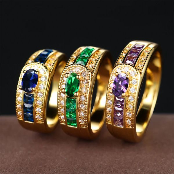 Bandas azuis Purple Crystal Oval Stop Ring Green Zircon Anéis de noivado para homens Men Men Vintage Gold Color Bandas de casamento Jóias de moda