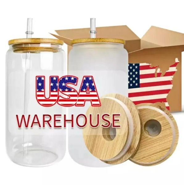 Ca Us Warehouse 16oz Sublimation Glasses Taglie di birra con coperchi di bambù e bicchieri di paglia Blanchi fai -da -te lattine di trasferimento di calore Cocktail Coppette ghiacciate Mason Jars I0424