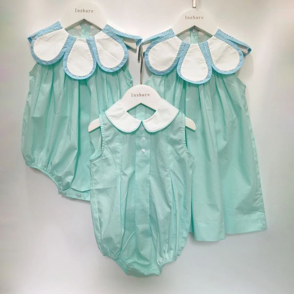 One-Pieces Children Boutique Kleidung Baby Mädchen ärmellose Baumwollblasengrüne Hand Spleißen Blumenkragen süßes Geschwister-Outfit