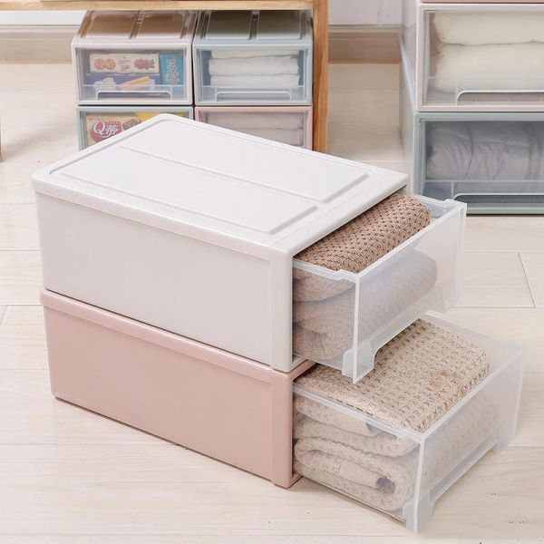 BINS 8/13L Caixa de armazenamento empilhável Organizadores de gavetas de plástico Transparent Wardrobe Box Cabinet Closet Organizador Bin de armazenamento em casa