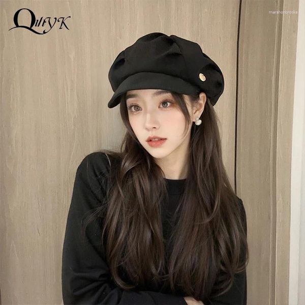 Boinas insere feminino chapéus plissados primavera outono preto cáqui curto brim poliéster sboy caps feminino coreano moda harajuku octogão