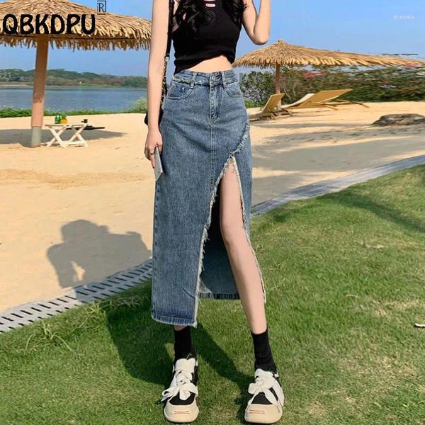 Röcke Split Design Trendy Slim Denim Rock 2024 Sommer Casual High Taille Jean Faldas Koreanische Mode mit mittlerer Länge A-Line-Frauen