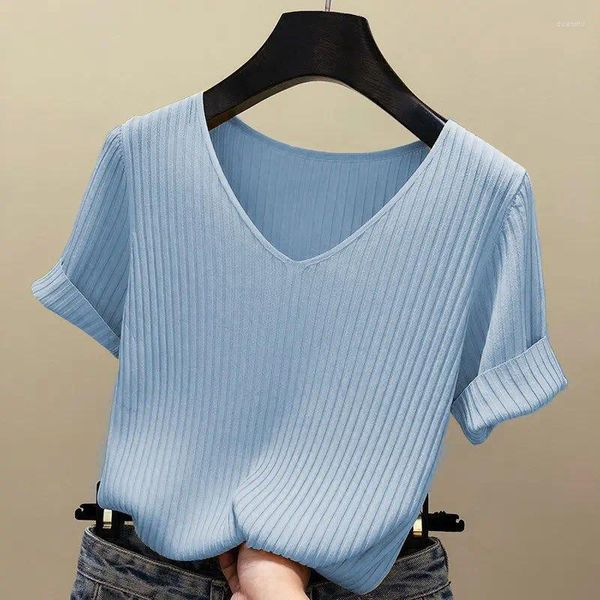 Magliette da donna Blu Beauty Summer Summer Ventilation Office Lady Cloth T-shirt Shirts Knitting Crop Short Short Eletchy T-shirt Ice Silk Ice Ice Silk