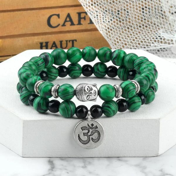 Strand 2pcs 6 8mm Malachite perline bracciali per uomini donne Stone naturale om Buddha Head Reiki Healing Friendship Jewelry