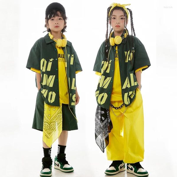 Sahne Giyim Çocuklar Hip Hop Dans Giyim Yeşil Gömlek Sarı Pantolon Gevşek Sokak Kıyafetleri Erkek Kızlar Caz Performans Kostümü BL12837