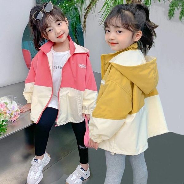 Coat Colorblocking Trench Coats Spring Girls Mode-Kapuze-Jacken Autumn Kinder Kleidung Casual Reißverschluss Oberbekleidung 1-12 Jahre alt