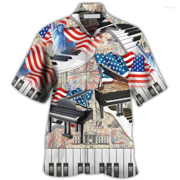 Camisas casuais masculinas Trendy EUA Flag 3D Camisa havaiana para homens Padrão de guitarra de piano de verão Tops Botão de lapela de rua da praia