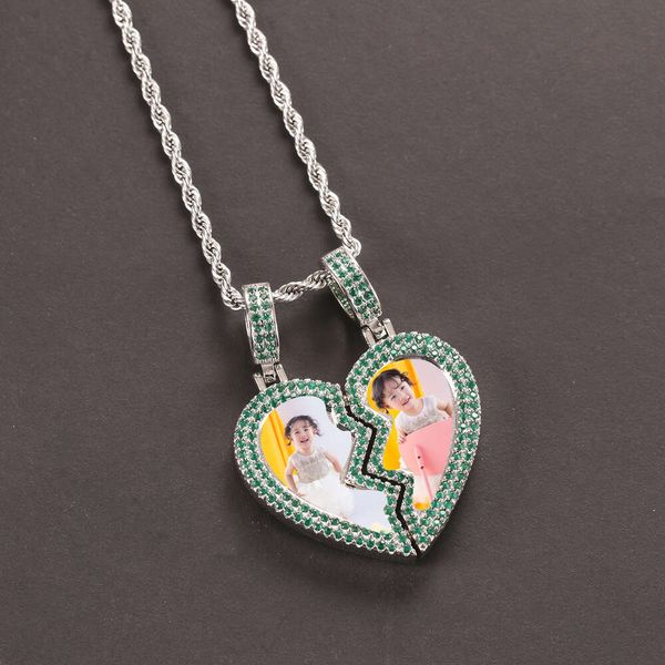 Memória DIY da moda Memória fotográfica comemorativa Pingente criativo Hip Hop Green Zircon Splicing Heartbloking Heart