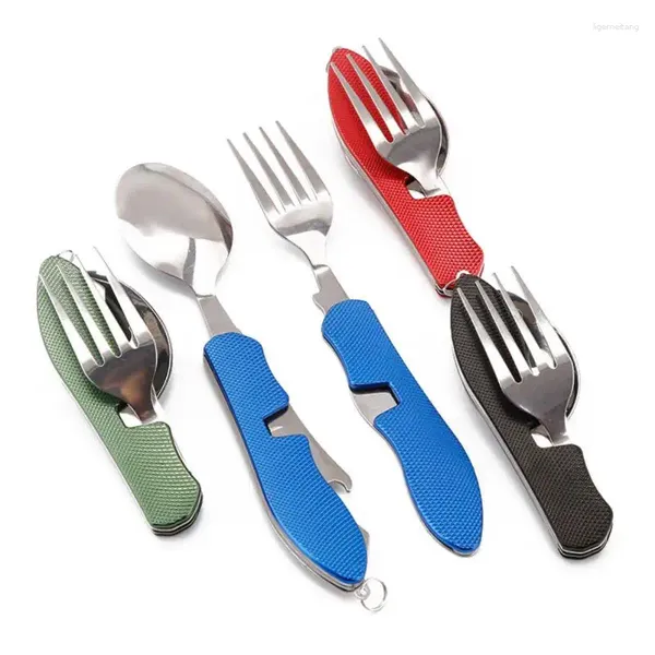 Geschirrsets 4-in-1-Multitool-Camping-Utensilien tragbarer Edelstahl Faltbarer Löffel Gabel Messerflaschen Opener Combo Set Rucksacking