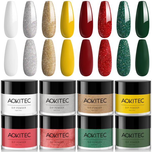 Glitter Aokitec 8pcs 10G Tırnak Daldırma Tozu Kişi Pastel Pastel Glitter Dip Pudra Başlığı Set Fransız Tırnak Sanat Süslemeleri Manikür Noel