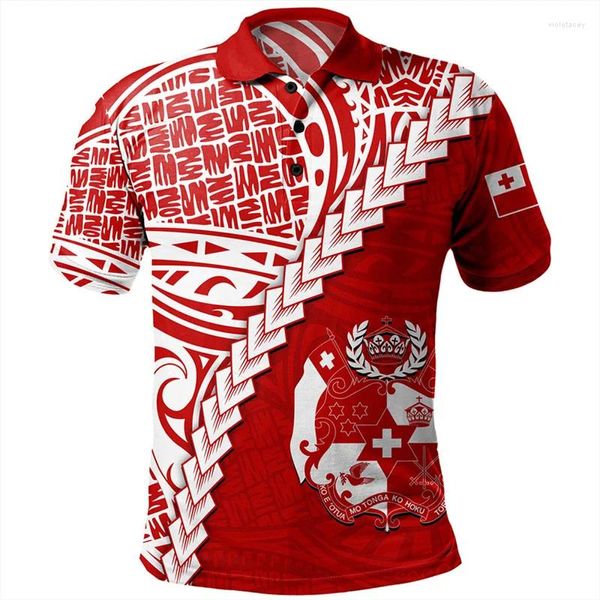 Herren Polos Hawaiian 3D Print Tonga Tribal Polo-Hemd Männer Polynesischer Muster Kurzärärmische lose Lteel-T-Shirts Sommerknopf T-Shirt