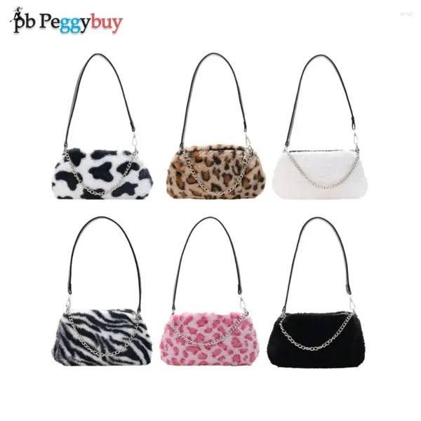 Drawess Vintage Jugend Damen Einfache Tasche Pelz Plüschkette Schulterhandtasche für Frauen Herbst Tier Leoparden Zebra Muster Achselstaschen