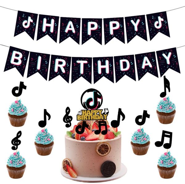 TIK TOK TEMED Happy Party Decoration Conjunto Tiktok Banner Cake Toppers Meninas Meninas Festa de Festa2159889