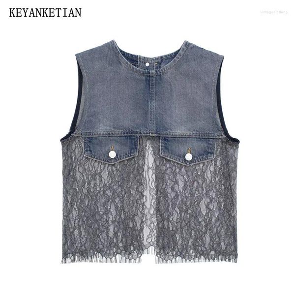 Frauen Tanks Keyanketian 2024 Lace Patchwork geschnittene Denim Weste Top Chic Vintage O-Neck ärmellose Pullover sexy Camisole