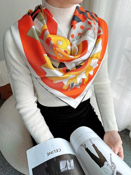 Шарфы апельсиновый шелковый шарф 90/90 лошадиная голова хиджабская женщина -шея женщина рамка