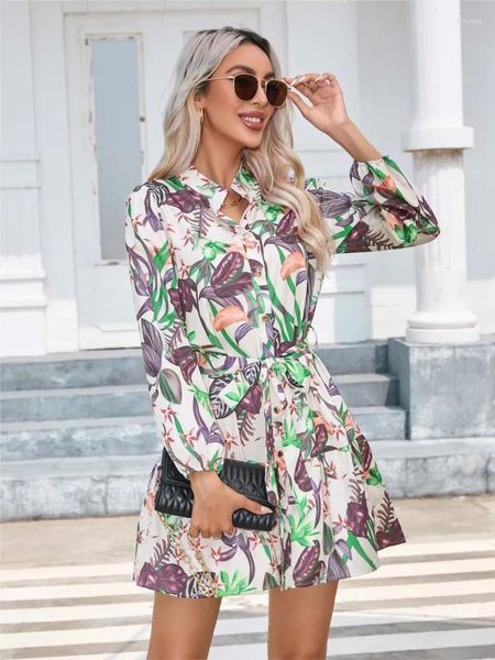 Vestidos casuais Spring Autumn Fashion Fashion Stand Stand Gollar Slave Lank-up A-Line 2024 Plant Print Patchwork Dress