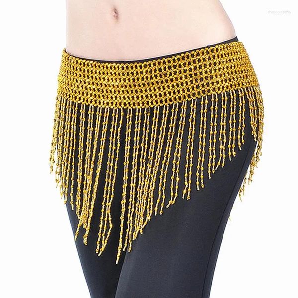 Bühne Wear Women Belly Dance Kleidung Kostüm Accessoires Quasten Hip Schal dehnbarer Verschleppung mit goldenen/silbernen Perlen Fransengürtel