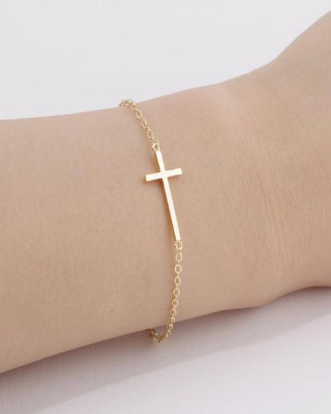 10pcs B009 Gold Silver Horizontal Sideways Bracelet Cross Simple Tiny Small Religious Cross Bracelet Cool Faith Christian Cross B7615445