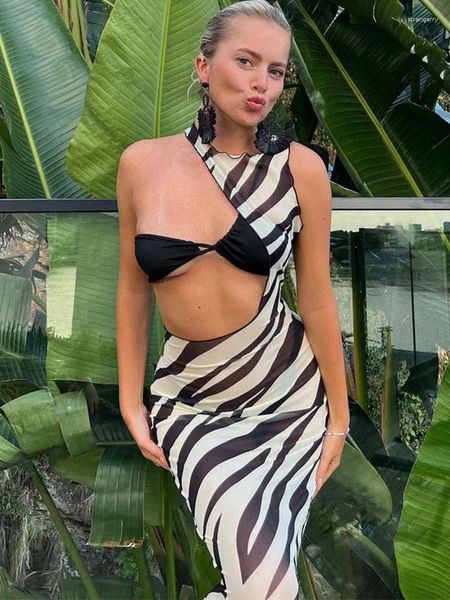 Sıradan elbiseler zebra baskı uzun plaj elbise örtbaslar seksi şeffaf örgü maksi çizgili kesim bodycon tatili yaz kadınlar 2024