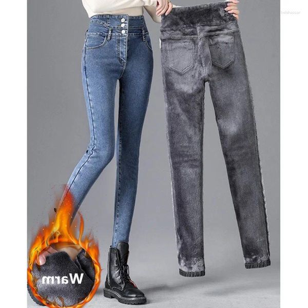 Frauen Jeans 2024 Frauen Winter verdicken samtgekleidet Slim Denim Hosen Korean Cleasucal Dünne Bleistift hohe Taille warmer Knopf Stretch Jea