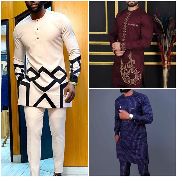Africana Men Tradition Suit de camisa impressa Top elástica calça de cintura branca Casamento de 2 peças de roupas definidas para roupas étnicas 240412