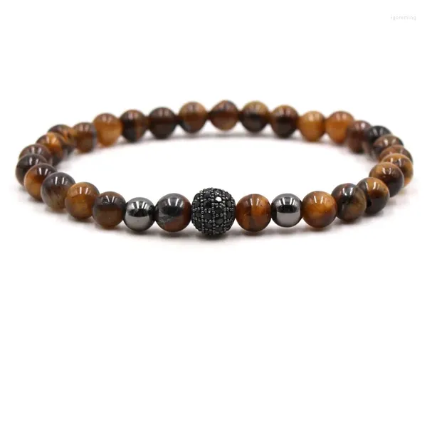 Strand 6 mm Natural Tiger Eye Eye Bracelets Pave Cz 8mm Bracciale a sfera di metallo per uomo fascino da uomo Bijoux