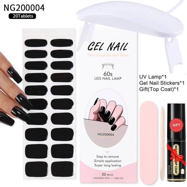 Kits semi -curado Black Gel unhas Tiras de adesivo definido com lâmpada UV adesiva de camada superior de longa duração Decalques de unhas de capa de capa completa manicure