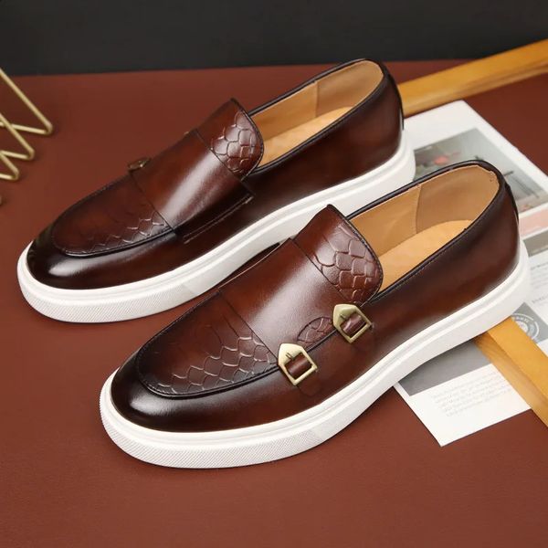 Erkek Ayakkabı Moda Yılan Hinkini Tahıl Deri Erkekler Retro İngiliz Stil Loafers Erkek Slip-On Açık Daireler Keşiş Ayakkabı 240422
