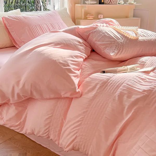 Conjunto de roupas de cama da princesa coreana Seersucker Conjunto de edredão lençóis lençóis lençóis da camada de camas de cama de tampa de tampa de tampa macia, conjunto de roupas de cama 240416