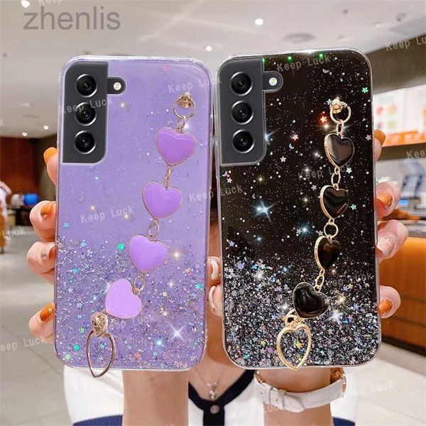 Casos de telefone celular Moda de luxo Glitter Love Heart Bracelet Case para Samsung Galaxy S23 S22 S21 S20FE S10 S9 Plus Nota 20 10 9 8 8 Ultra Soft Cover D240424