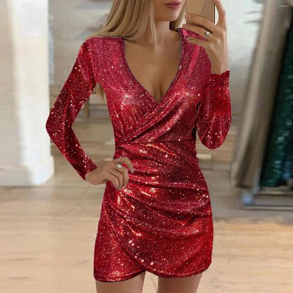 Vestidos casuais Sexy Deep V LECIN Mini Bodycon Dress para mulheres elegante festa noturna slim Wrap Hip Glitter Cross Design vestido