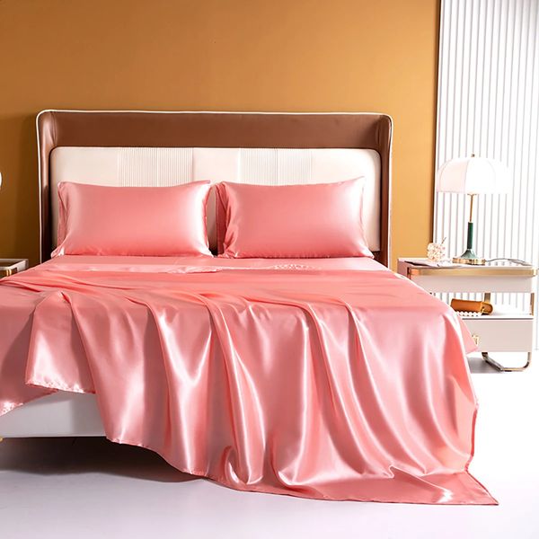 Rayon di fascia alta rosa rayon satin 4pcs foglio aderente set di lenzuolo sottile fogli di banda elastica fogli di lenzuolo materasso foglio lettiera 240410