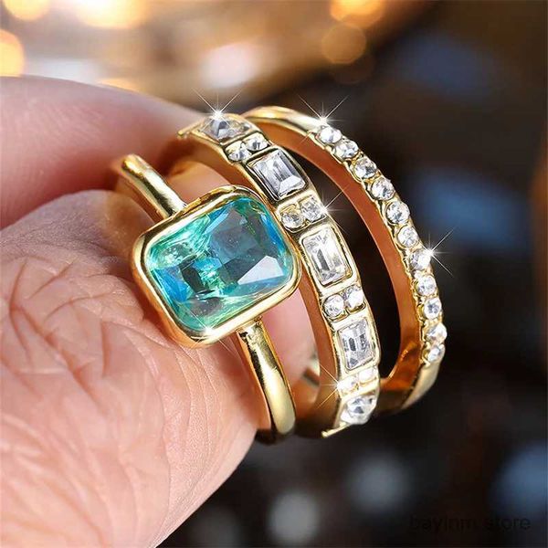 Eheringe 3PCS Aqua Blue Stone Square Square Triple Ring Set Antique Gold Farbe Weiß Kristall Stapel Hochzeitsverlobungsringe für Frauen Schmuck