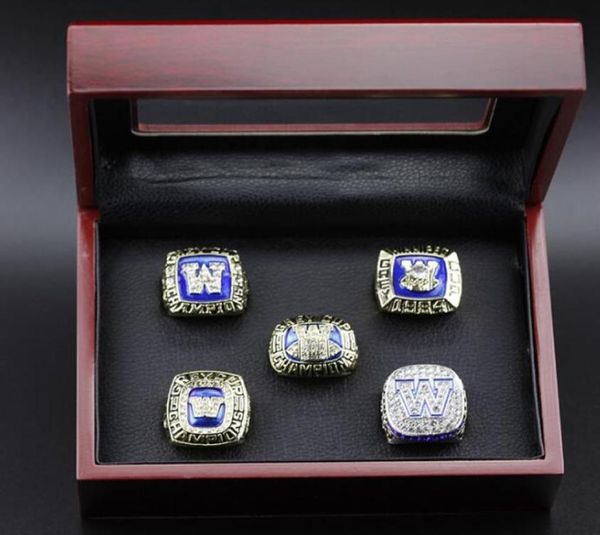 1962 1984 1988 1990 2019 Blue Bombers Das Grey Cup -Ring -Set mit hölzernem Displaybox -Hülle Lüfter Geschenk 2021 Drop 3079976