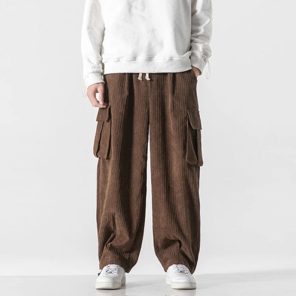 Hosen Herren Corduroy Straight Pant Big Taschen Sweatpant Elastic Taille Drawess Vintage Jogginghose M5XL Casual Joggers Hosen