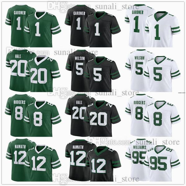 Nuove look maglie per 2024 calcio 5 Garrett Wilson 1 salsa Gardner 20 Breece Hall 8 Aaron Rodgers 12 Joe Namath 95 Quinnen Williams Men Women Youth All Cucited