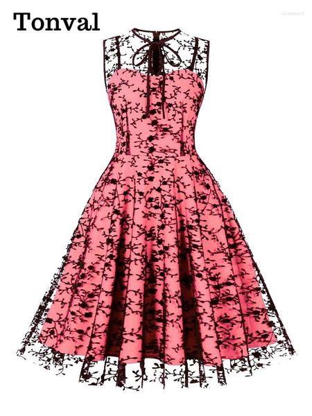 Lässige Kleider Tonval Flocking Mesh Pink Prom Party Damen elegant für Frauen Bug Neck ärmellose Lolita Vintage Geburtstag Midi Kleid