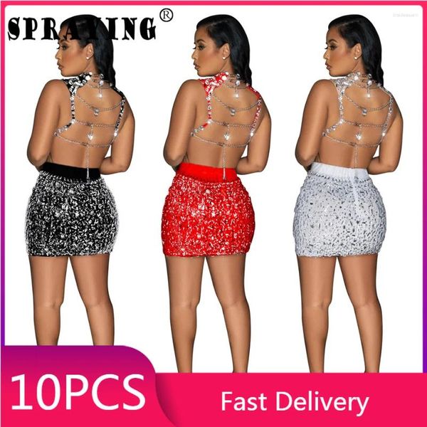 Arbeitskleider 10 Rocksets 2024 Langhändler Crop Top Miniröcke Großhandel Gegenstände Rückenfreier Strass zwei Stück Set Frauen Outfits S13329