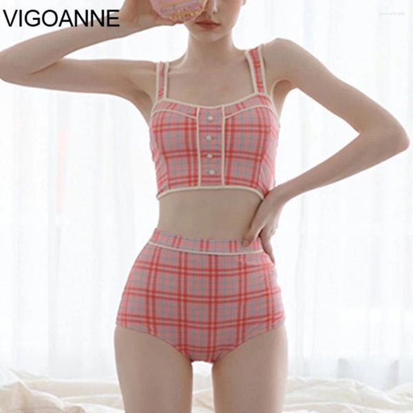 Frauen Badebekleidung Vigoanne 2024 Pink Plaid Print Women High Taille Push Up Bikini Korean Badeanzug Rückenloser Sommerbadeanzug