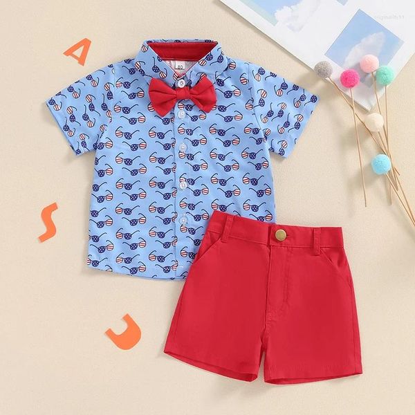 Set di abbigliamento per ragazzini 4 luglio Outfit Strame a maniche corte con occhiali da sole con cravatta e pantaloncini per bambini abiti estivi vacanze estive