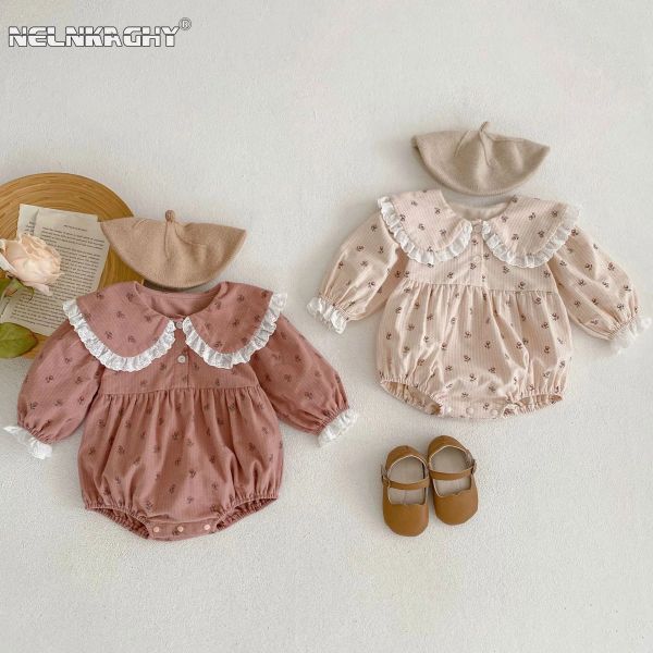 Pieces 2023 Autumn Baby Girls Meninas Peter Pan Pan Collar Lace Ruched Floral Onepiece Recém-nascido Crianças Mumpsuits