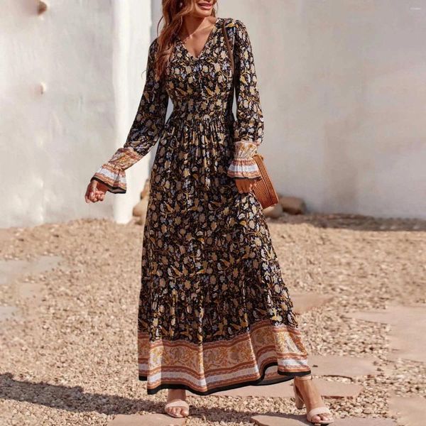 Abiti casual Bohemian Floral Maxi Dress Women's Spring Autum Autum Vintage V Neck Long Maniche a-line Boho Vestidos