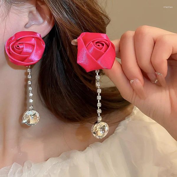 Dangle Ohrringe Stoff Rosenblüte Strass Tassel Long Trop für Frauen modische Partyschmuck