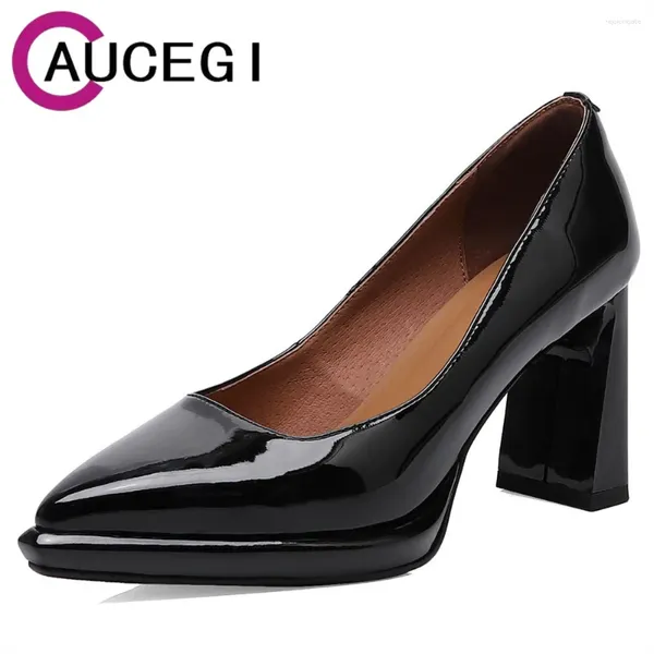 Отсуть обувь Aucegi 2024 квадратные каблуки сексуальные женские насосы Spring Ladies Black Wine Red Poent Patent Кожаная вечеринка