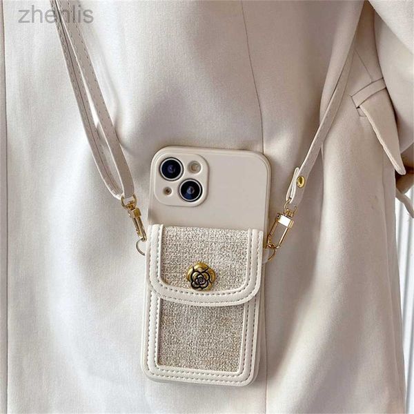 Корпуса сотового телефона Роскошная 3D Camellia Flower Leather Card Card Card Card Crossbody Lanyard Soft Core для iPhone 15 14 Pro Max 13 12 11 XS XS 7 8 Cover D240424