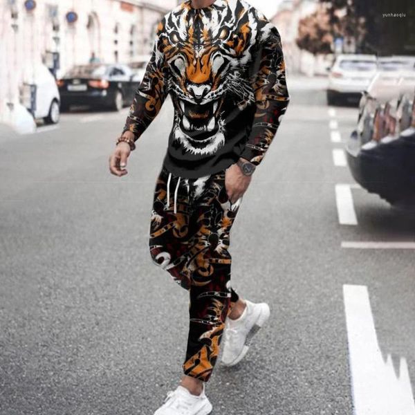 Herren Tracksuits Mode-Outfits für Männer Set Tiger 3D gedruckt coole Langarm T-Shirt-Hosen 2-teilige lässige Oversize-Anzug