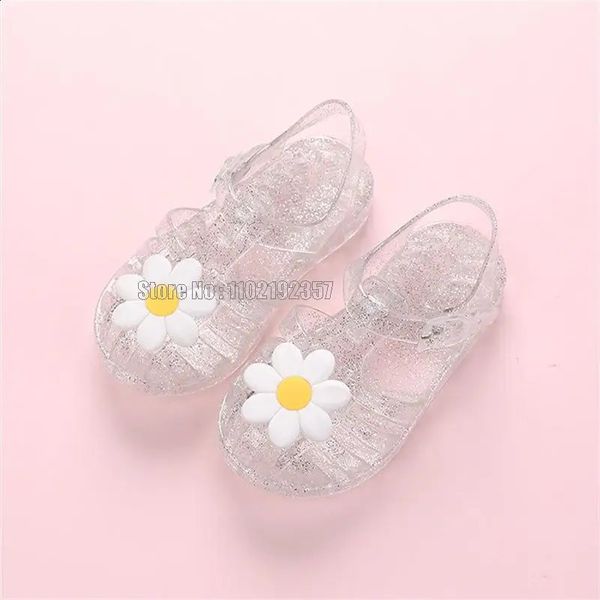 Crianças de verão Jelly Princess Sandals Sweet Flowers Girls Costos de bebê Sapatos ocos respiráveis 240411