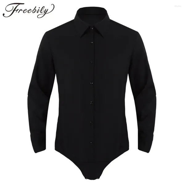 Damen Badebekleidung Herren einteilige Langarm-Turnhalterkragen Button Down Feste Farbe Homme Casual Bodysuit Shirt Tops sexy männliche Schwule One